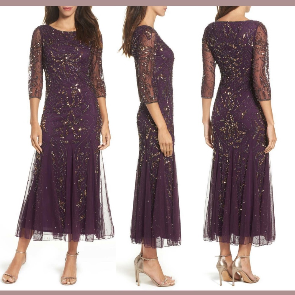 NEW Pisarro Nights Embellished Mesh Gown in Plum [SIZE‎ 2 ]